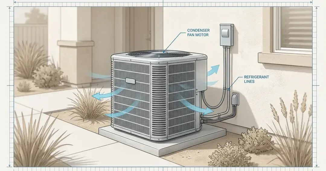 Technician's-eye view of AC repair parts on a Sacramento home AC unit (no people)