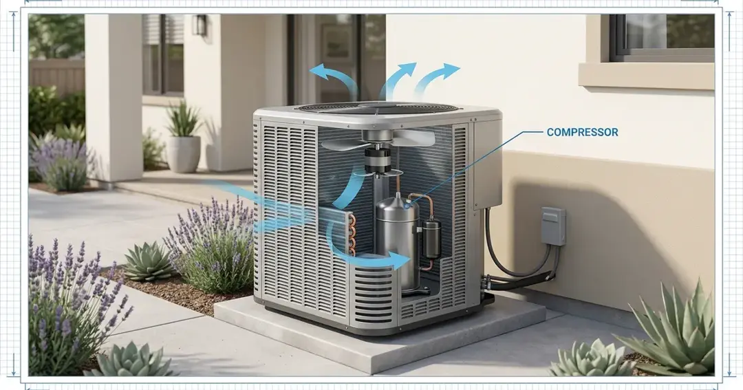 Outdoor AC condenser/compressor unit beside a Sacramento home