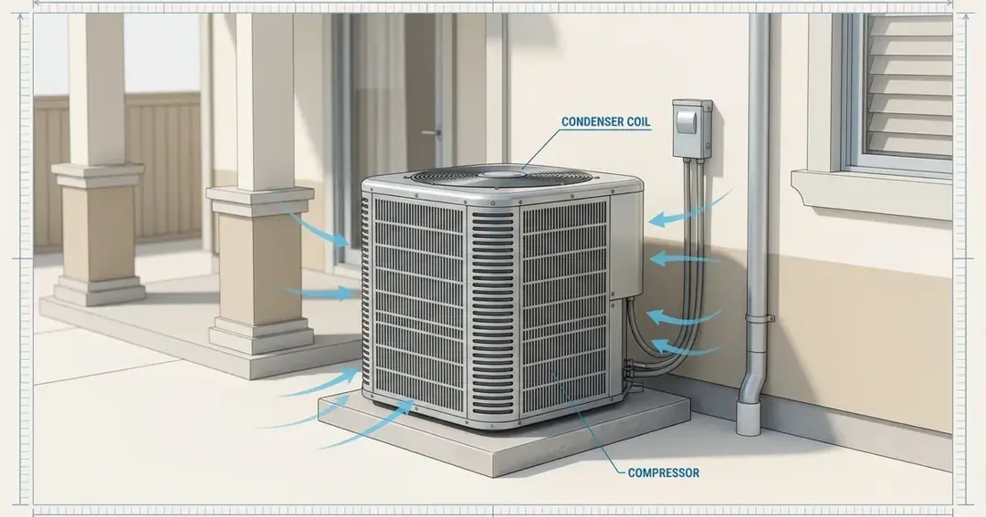 HVAC technician inspecting an outdoor central air conditioning unit in a Sacramento backyard