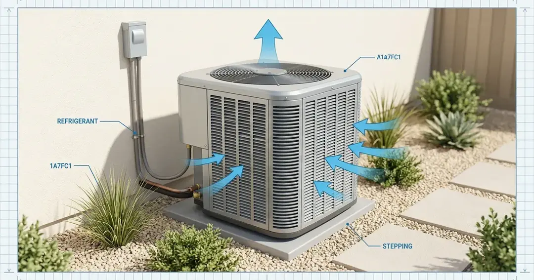 Outdoor residential AC condenser unit sitting beside a house on a hot summer day