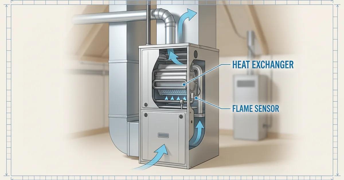 Gas furnace inside a residential utility room with ductwork visible above