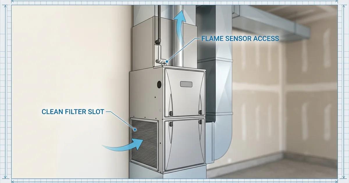 Residential gas furnace being inspected by a technician in a Sacramento home utility room
